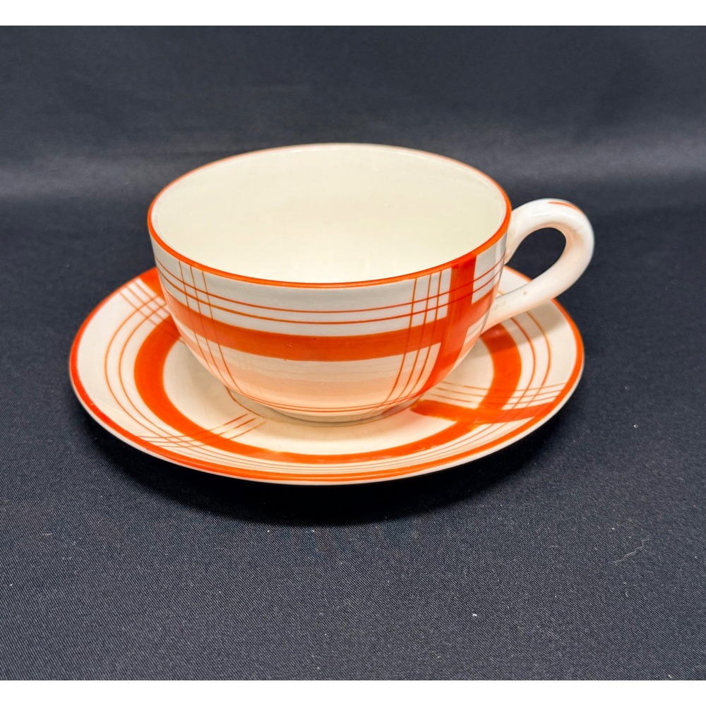 Vintage Czechoslovakia Art Deco Tea Cup Saucer Set Orange Geometric Plaid Cream